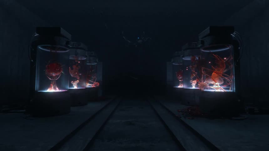 Doors open to reveal large specimen containers with alien being hanging from ceiling at end of room