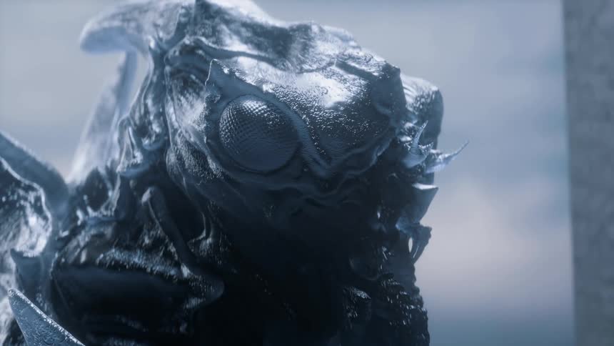 Computer generated special effects close up of the head of an alien creature