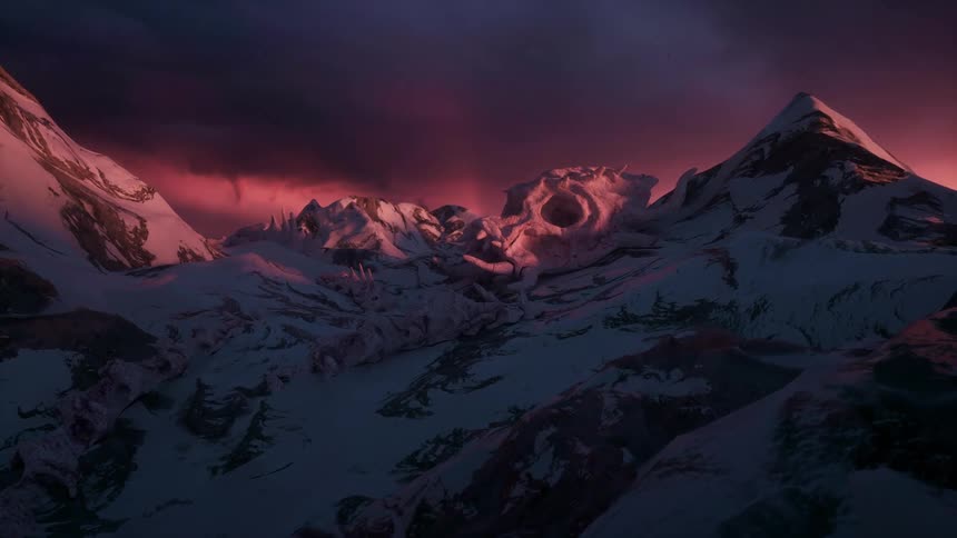 A huge skull of an alien creature is nestled in a snowy mountain range