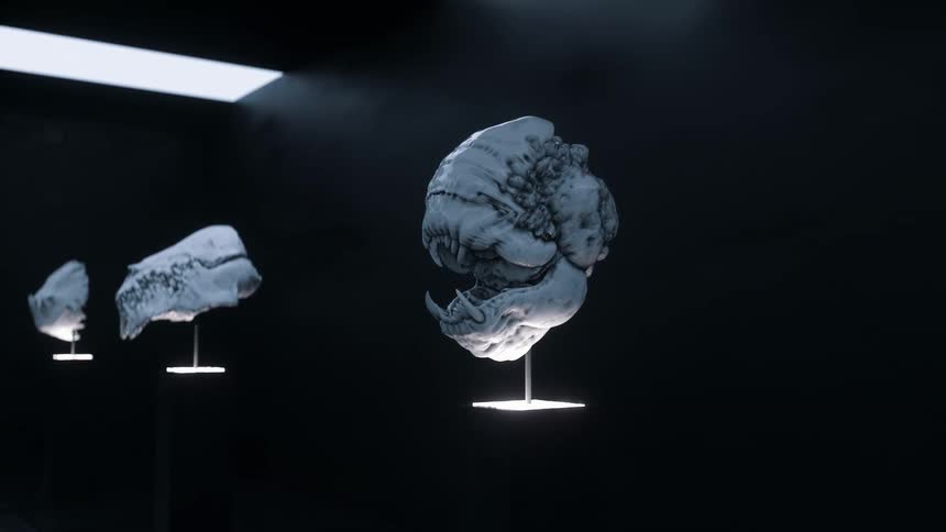 Computer generated special effects of alien skulls displayed on a museum