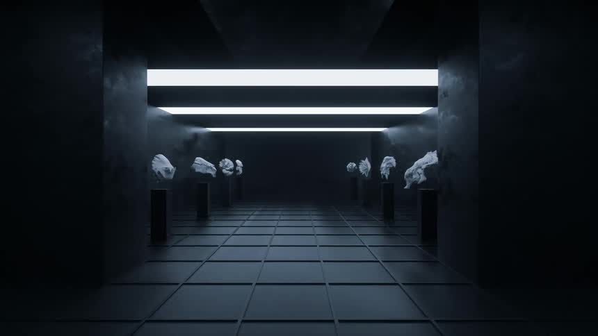Surreal dreamlike computer generated special effects of alien skulls displayed on a museum