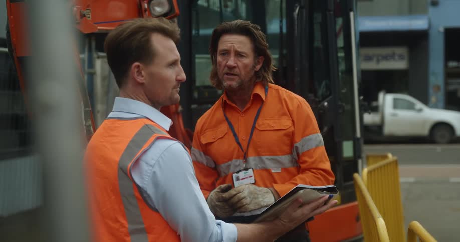Two constructions workers stand on a city street and discuss plans