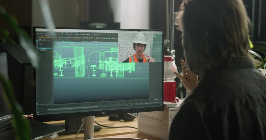 Male architect makes a video call with his coworker on the computer in the office