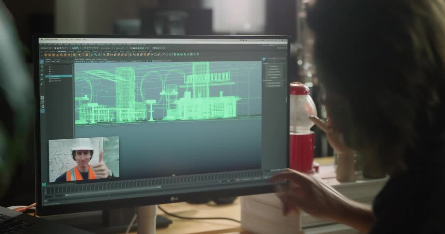 Male architect makes a video call on the desktop about architectural drawing in the office