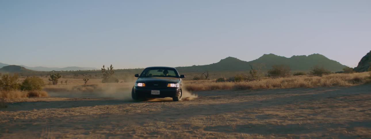 A car drives down a dirt road by a field and comes to an abrupt stop