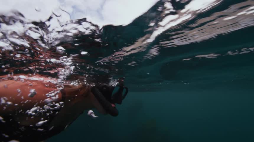 Woman with brown hair black swimsuit and snorkel swims in water near the coast