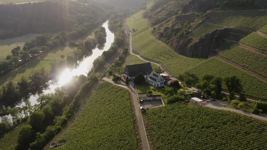 A rural road leads to houses overlooking a river valley with hillside vineyards and farmland