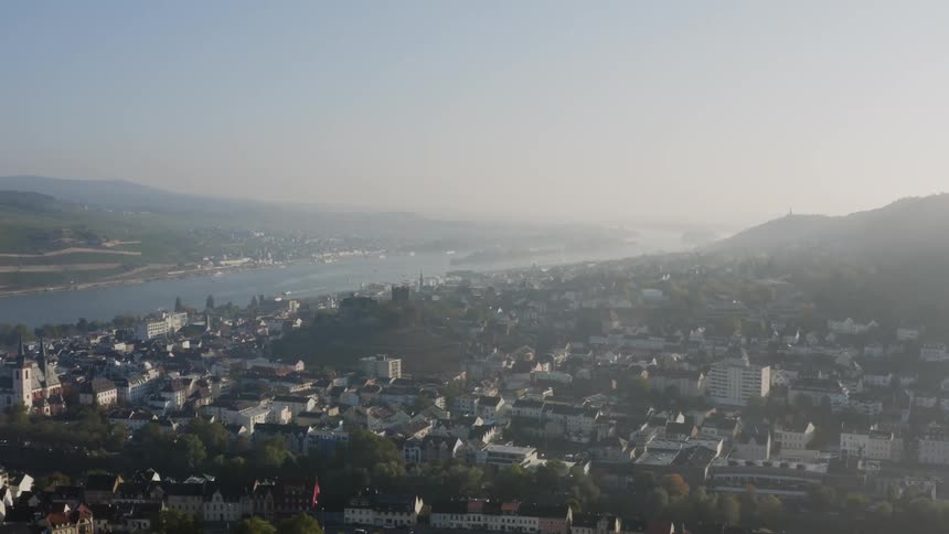Aerial view of a downtown city is displayed at dusk