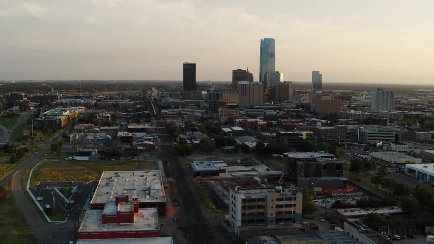 An aerial view of factories and offices in a city