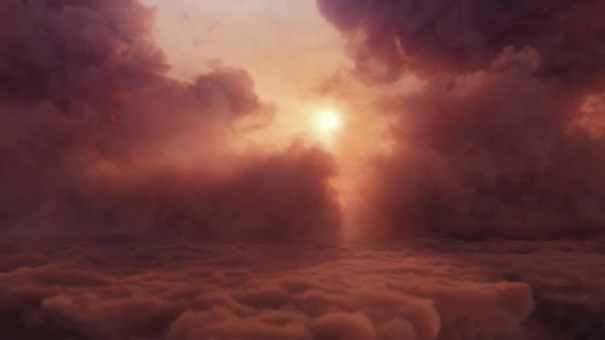The sun peaks through fluffy clouds in the sky of Jupiter