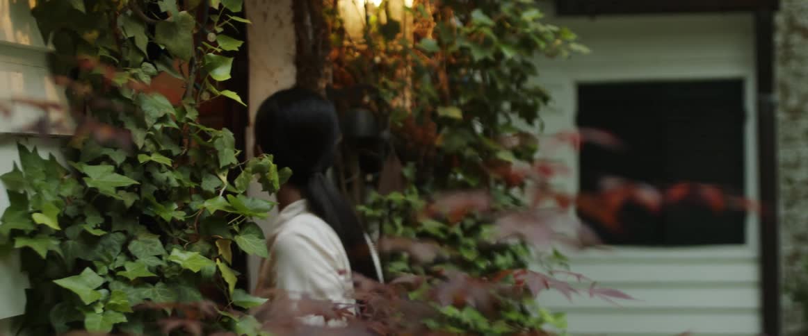 A woman with long black hair tied back in a pony tail is looking around as she walks to a house and goes inside the door