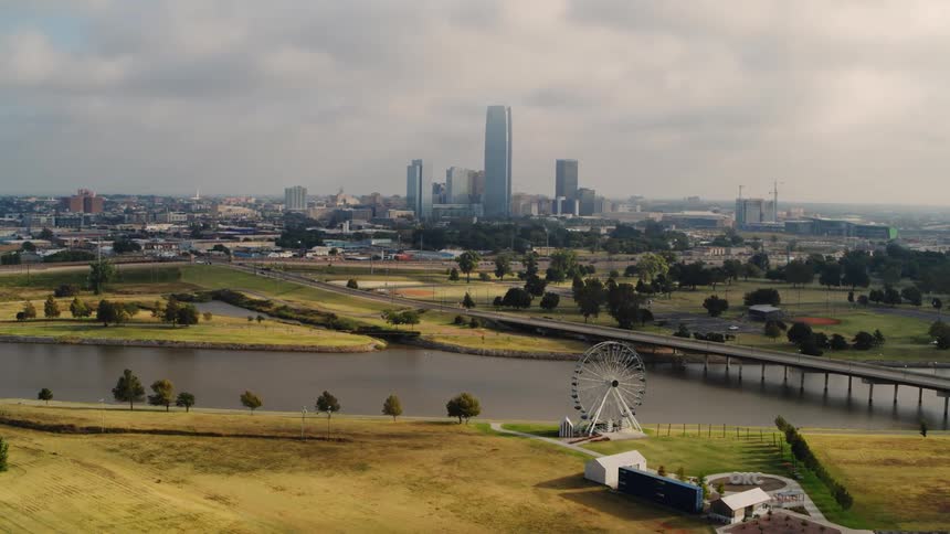 Aerial view of a downtown city on a cloudy day
