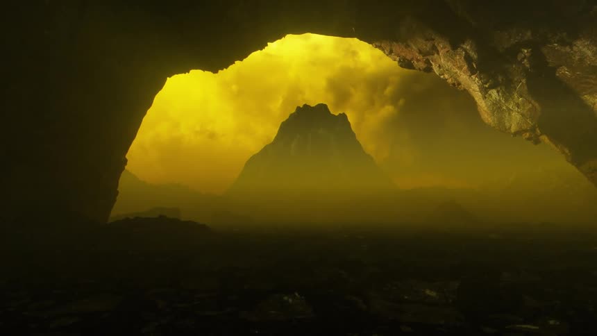 Moving out of a cave toward a mountain through a hazy atmosphere as the sky is filled with yellow clouds on Venus