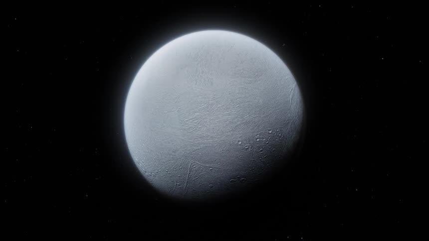 Saturn's moon Enceladus is floating in outer space