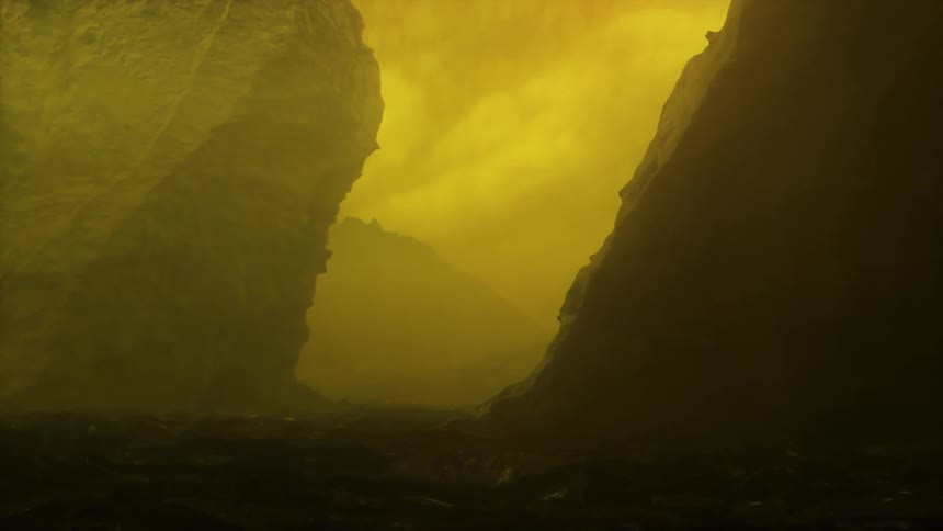 A dark yellow atmosphere giving way between two rock formations