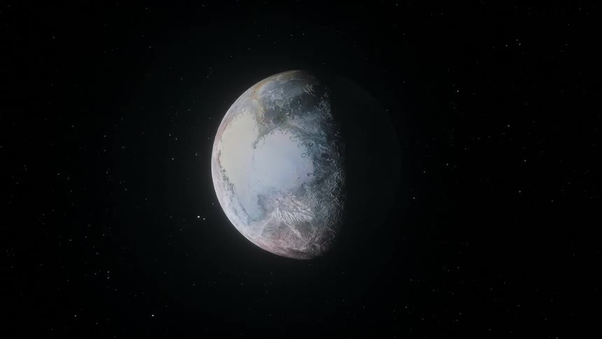 Pluto slowly rotating in outer space