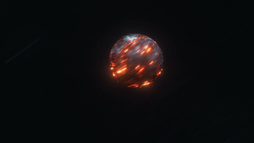 A molten planet is spinning rapidly in outer space
