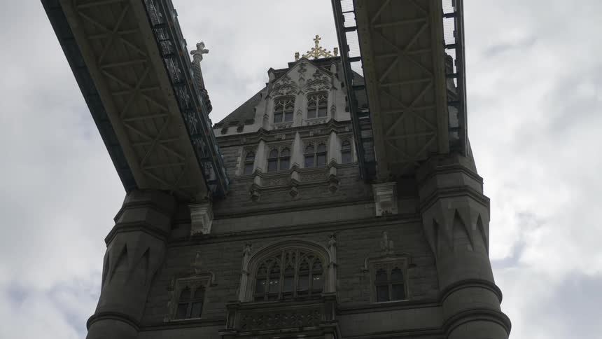 View of a medieval church and bridge architecture on a cloudy day