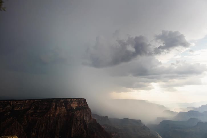 Heavy monsoon downburst over rock formations at the Grand Canyon