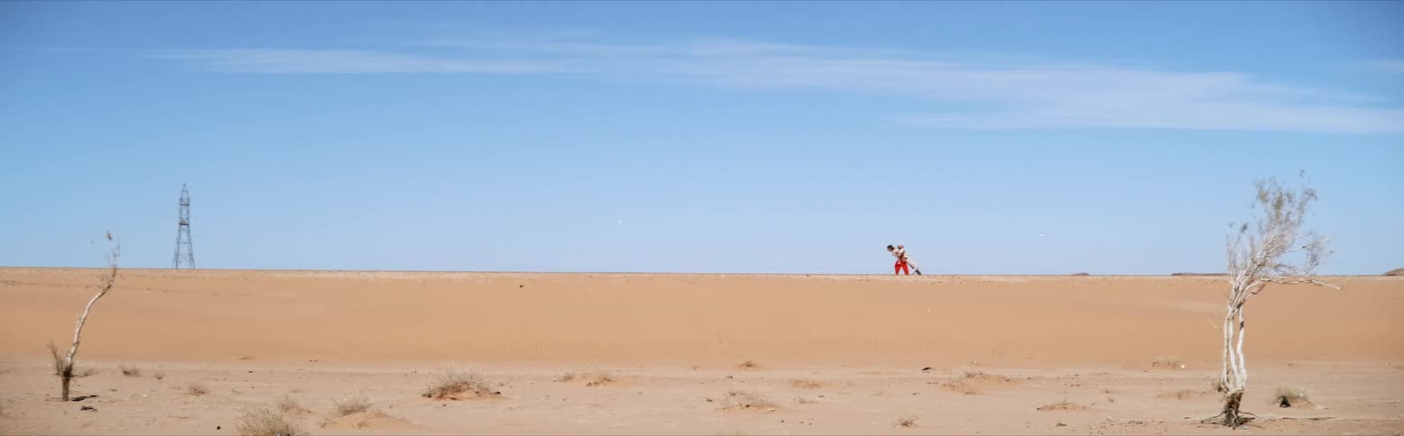 A person wearing red pantswalks across the horizon in the desert