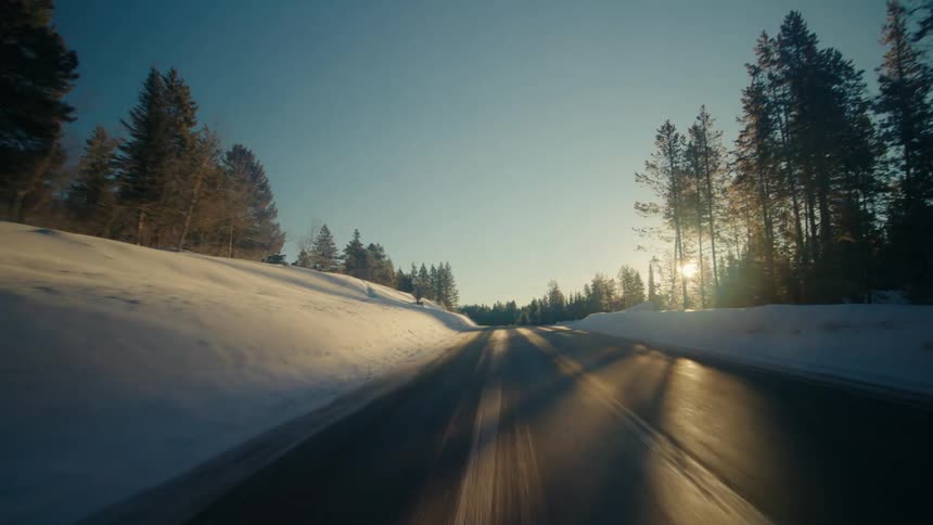 Snow is along the roadside lined with trees as the sun shines brightly on the horizon