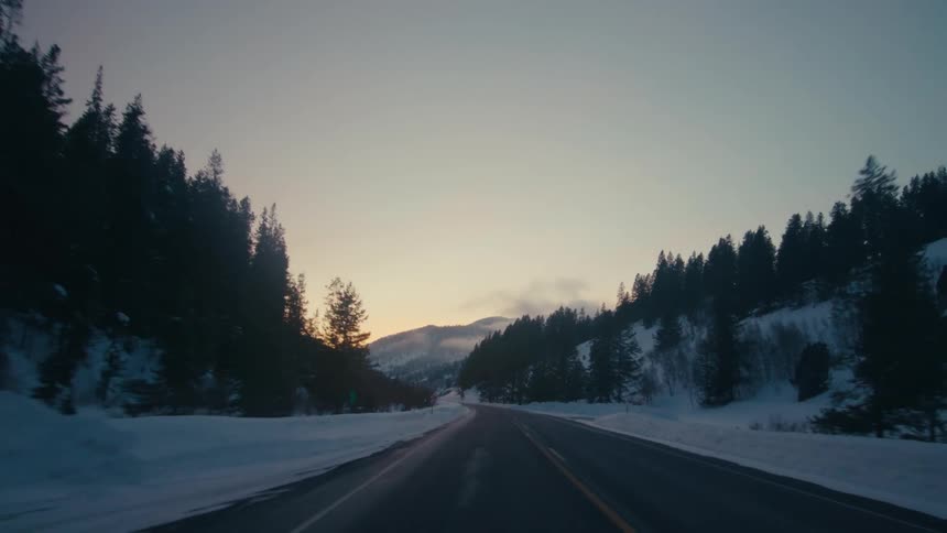 A vehicle drives down a narrow road past a snowy forest