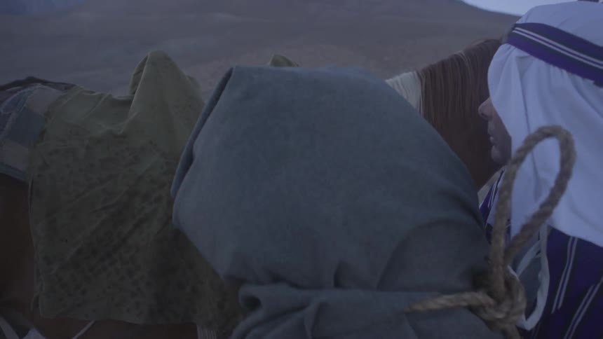 A man lifts a large pack and places it on the back of a horse