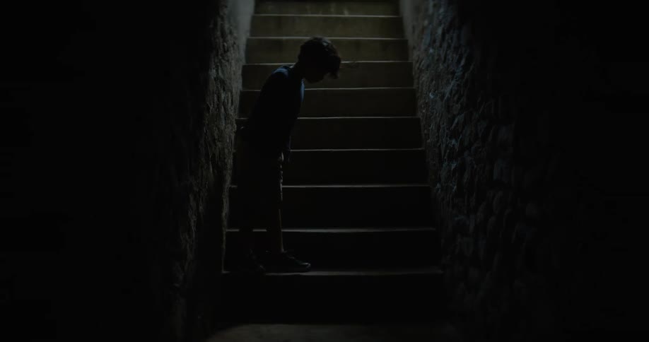 A young boy wearing big tennis shoes walks down a dark outdoor stairway leading under a building and he stops at the bottom