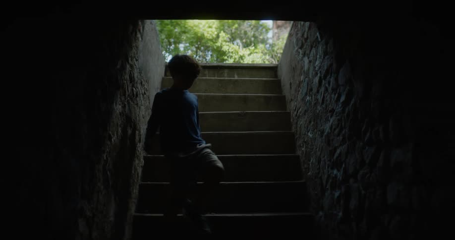 A small boy hesitantly walks down some creepy ominous stairs in a dungeonlike setting