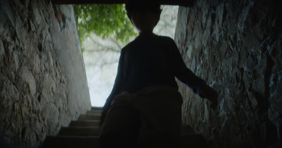 A little boy walks down a dark stairway leading under a building and he stops to reach out for something