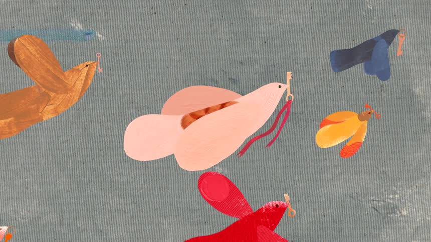 An animation of a bird with a key in its beak flying with other birds