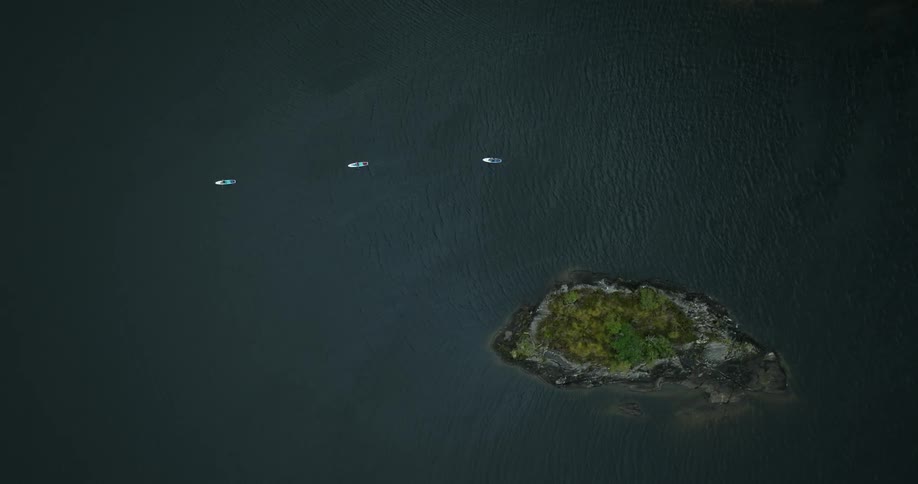 Three small paddleboards move in single file past a small island