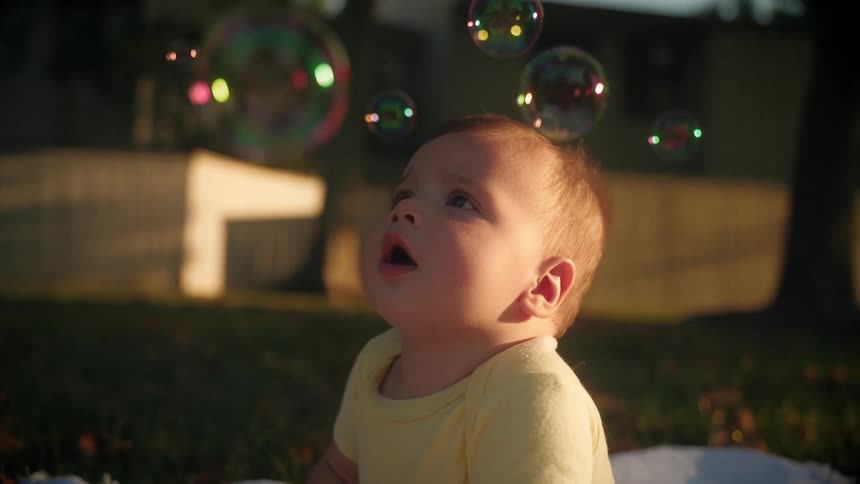 A baby watches as bubbles around him