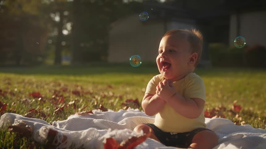 A baby sits on a blanket in his yard and laughs as bubbles float around him