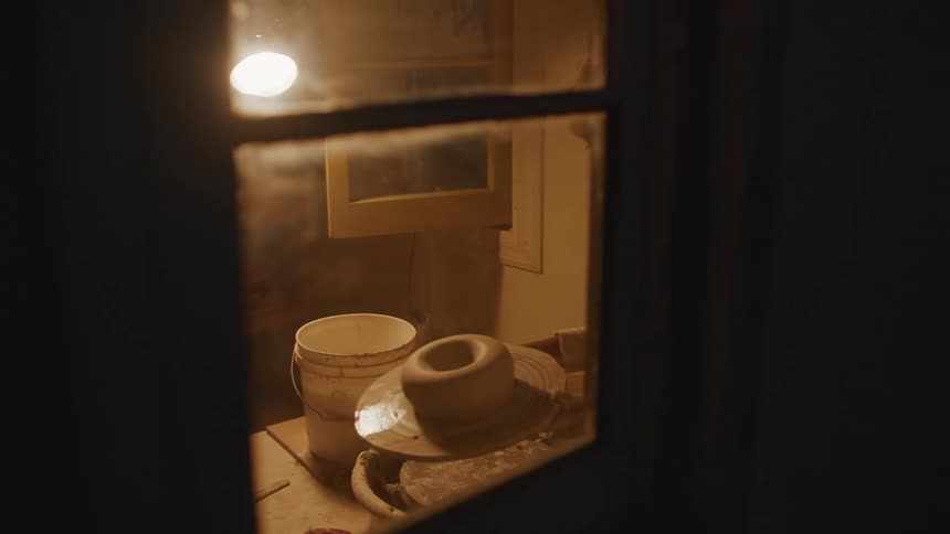 Potter takes clay shape off pottery wheel in workshop