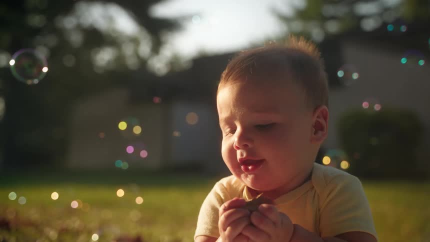 A baby laughs while playing with bubbles in the backyard