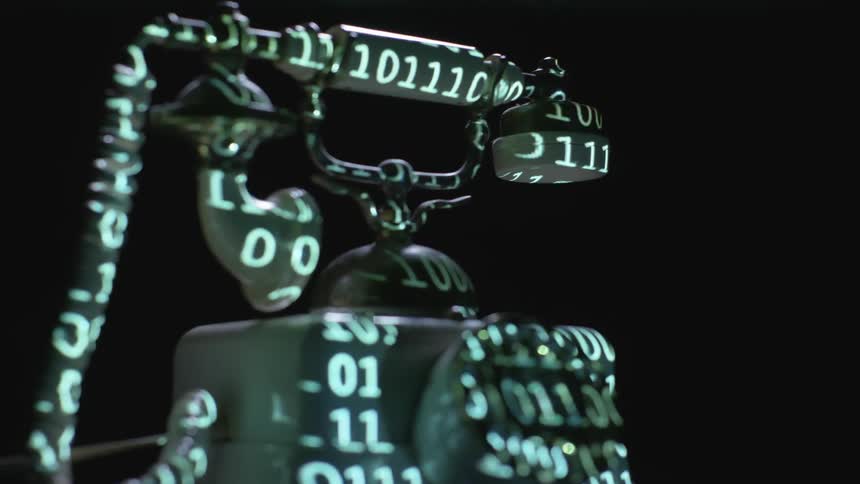 Lines of binary flash on an old telephone