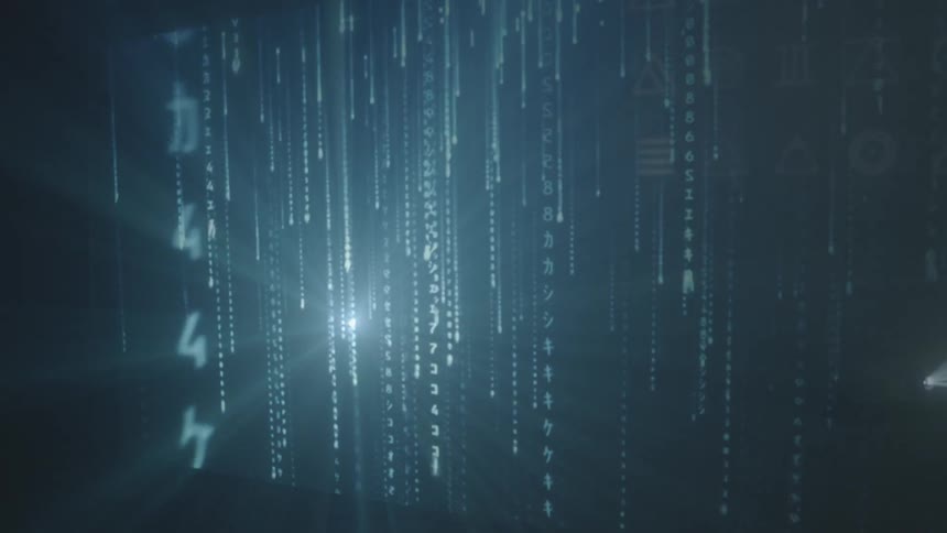 Lines of code rain down the wall