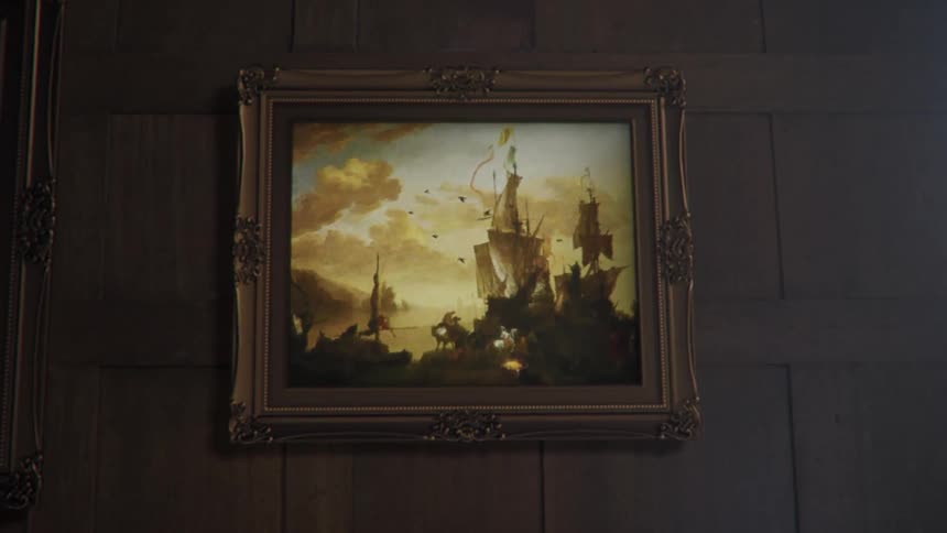 A portrait on the wall has moving birds in it