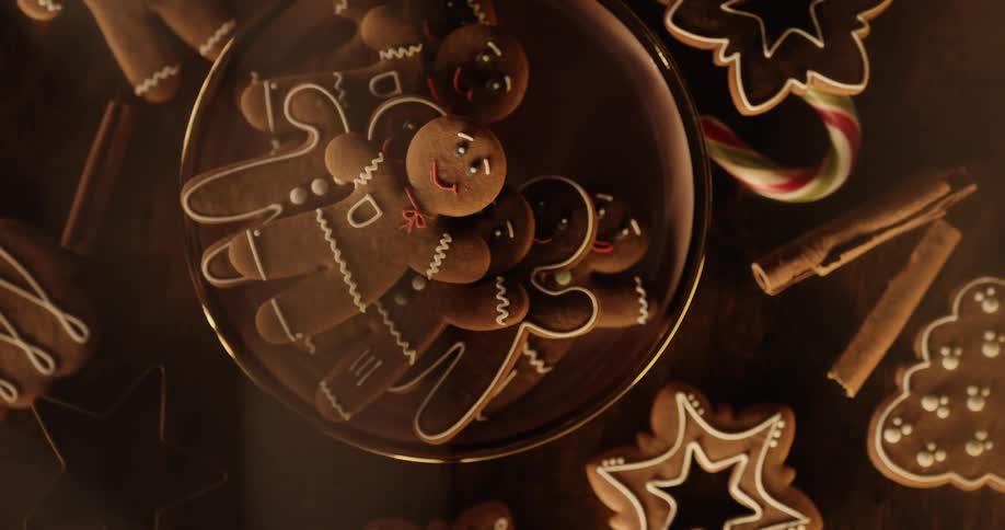 Overhead of gingerbread men cookies displayed on table for the holidays