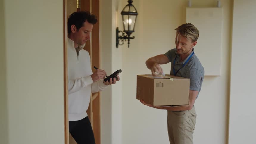 A delivery man giving a customer his package and asking him to sign