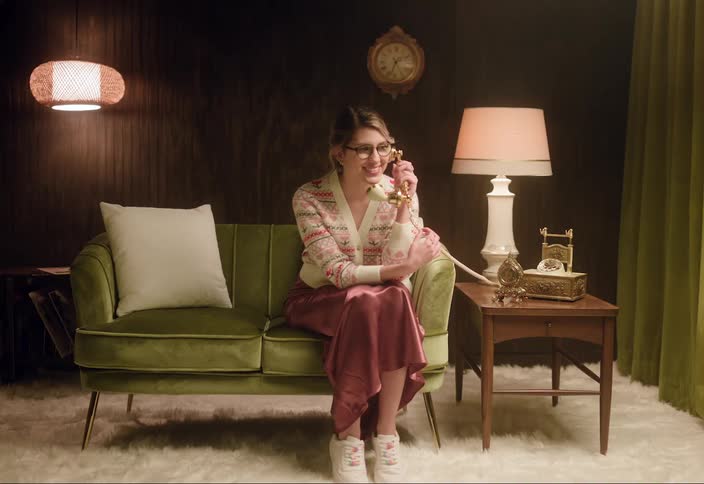 A woman is talking on a rotary phone