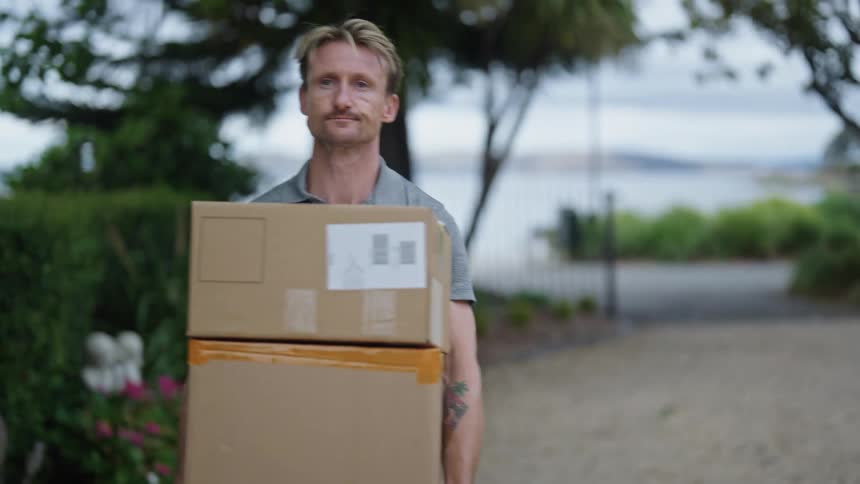 A delivery man is carrying boxes and he checks the label as he walks on a driveway