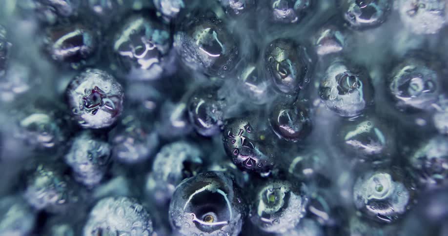 Overhead of blueberries simmering in hot water