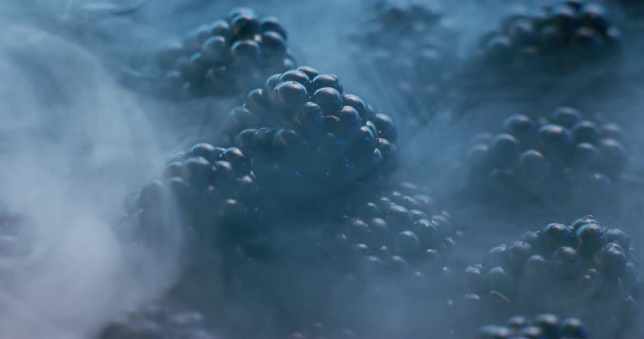 Vapor rises from blackberries obscuring the fruit