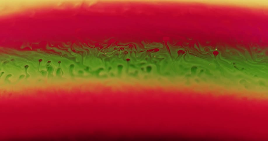 A green stripe moves through a red stripe and a blended texture emerges as yellow moves down from above