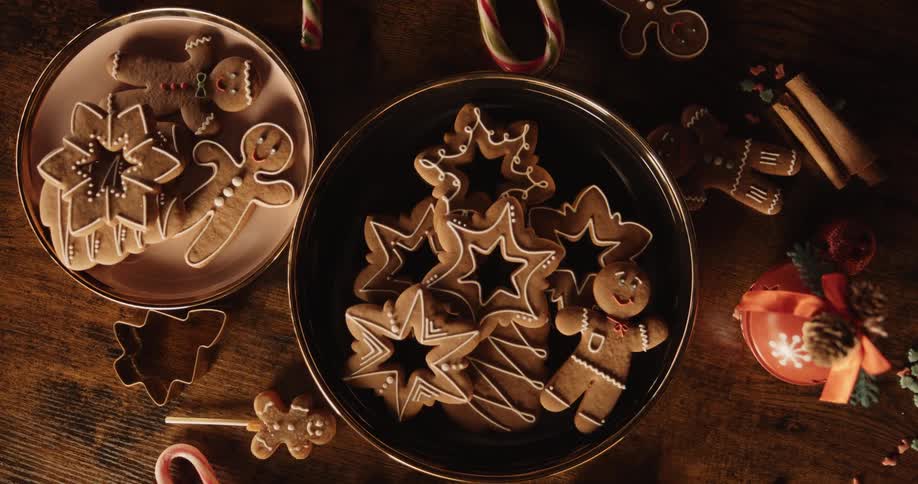 Overhead view of gingerbread cookies on display for the holidays