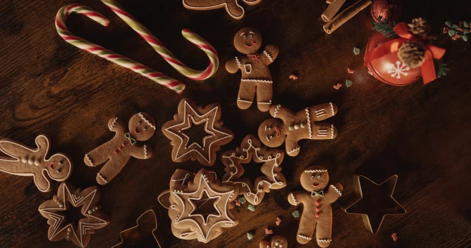 Overhead view of gingerbread cookies displayed on a table