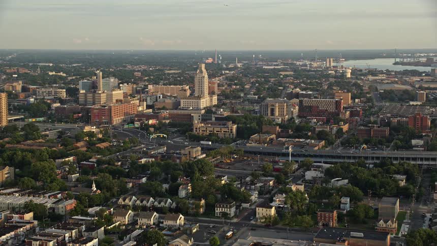 A breathtaking aerial view at sunset of Camden County City Hall and the US District Court in New Jersey captured during a summer evening