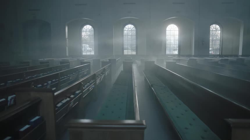 A line of church pews are empty